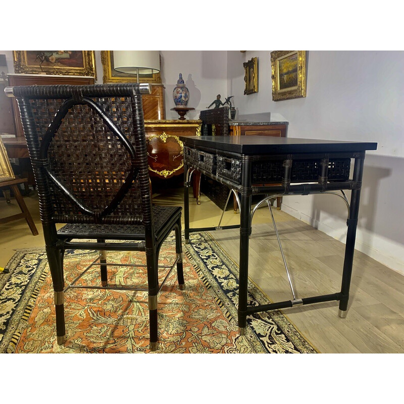 Vintage desk with its rattan and brown leather armchair, 1970