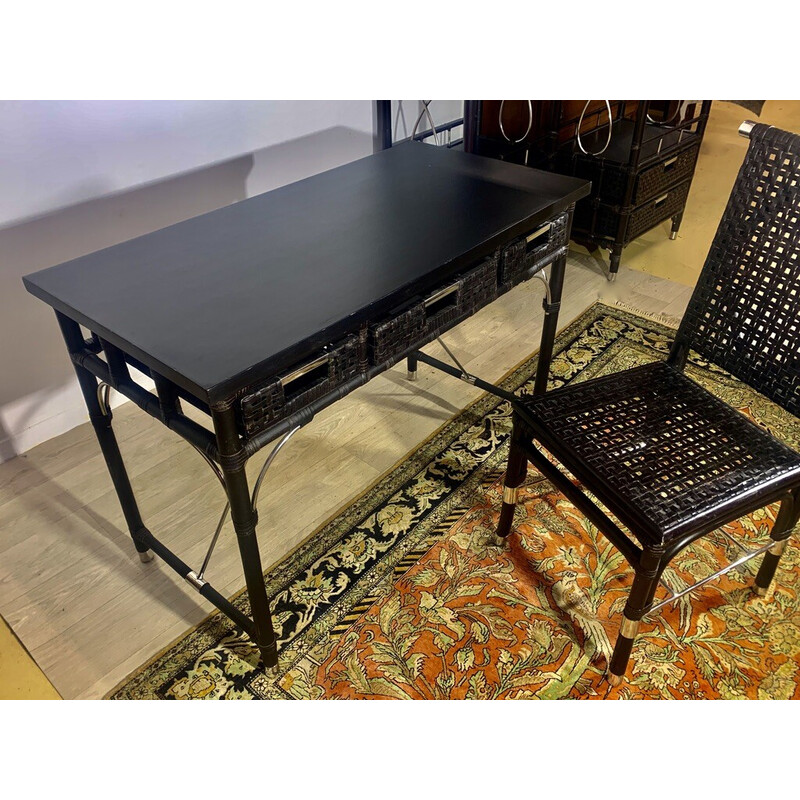 Vintage desk with its rattan and brown leather armchair, 1970