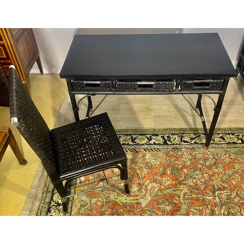 Vintage desk with its rattan and brown leather armchair, 1970