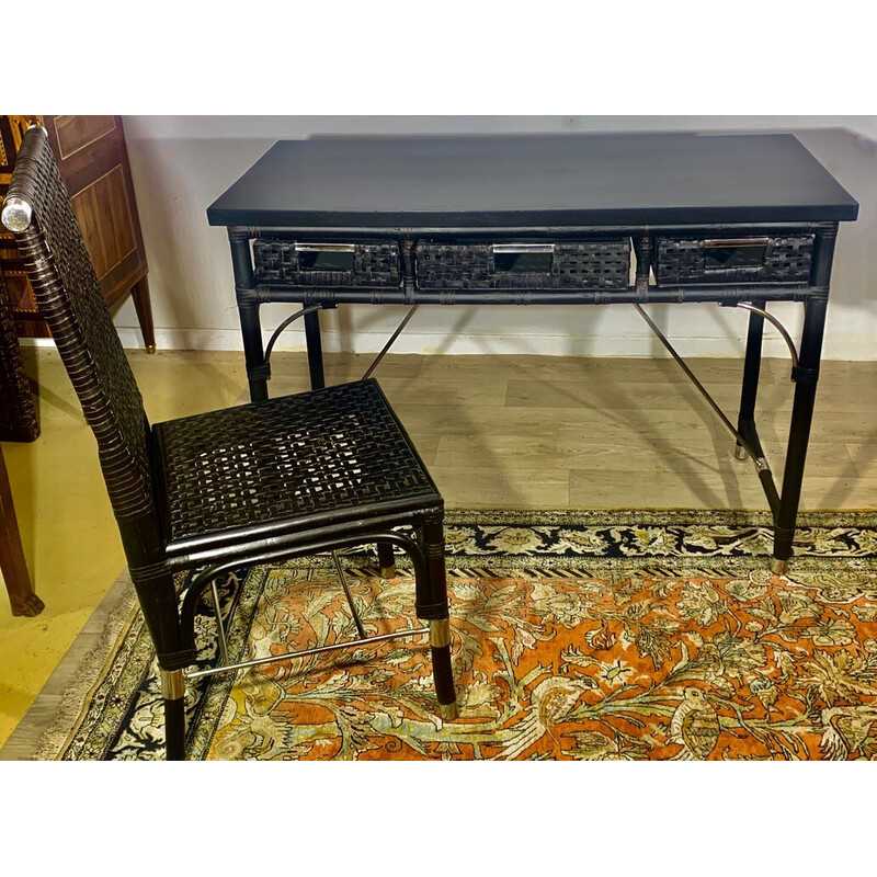 Vintage desk with its rattan and brown leather armchair, 1970