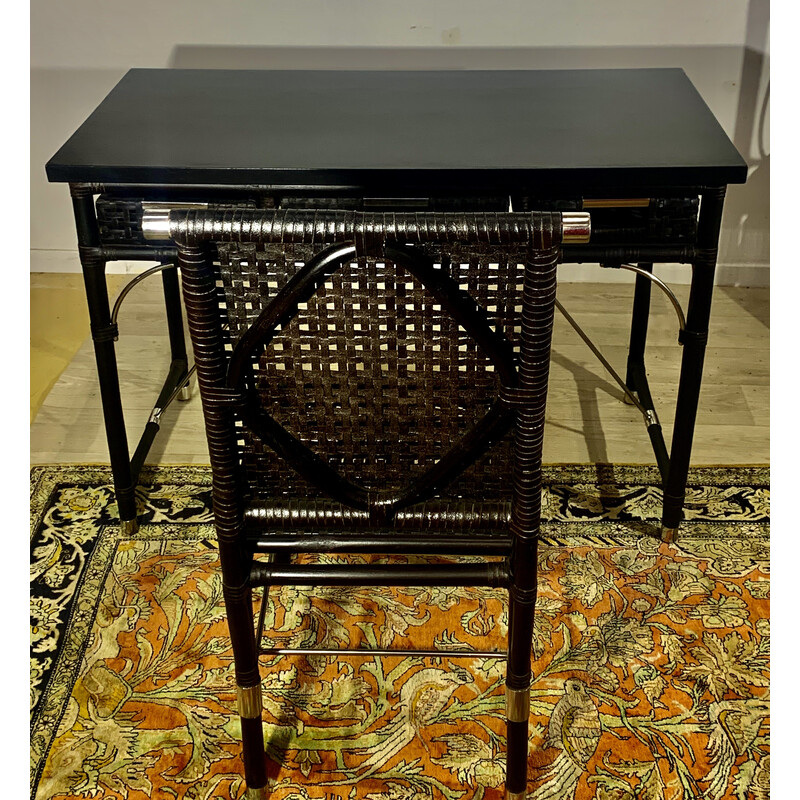 Vintage-Schreibtisch mit Sessel aus Rattan und braunem Ledergeflecht, 1970