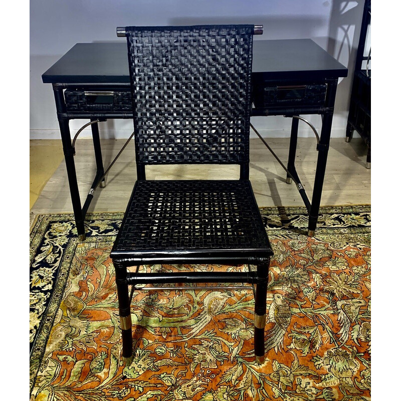 Vintage desk with its rattan and brown leather armchair, 1970