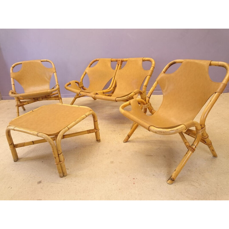 Salon set sofa, armchairs and table in leatherette and wicker- 1970s