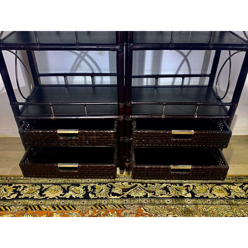 Pair of vintage library furniture in rattan and leather weaving, 1970