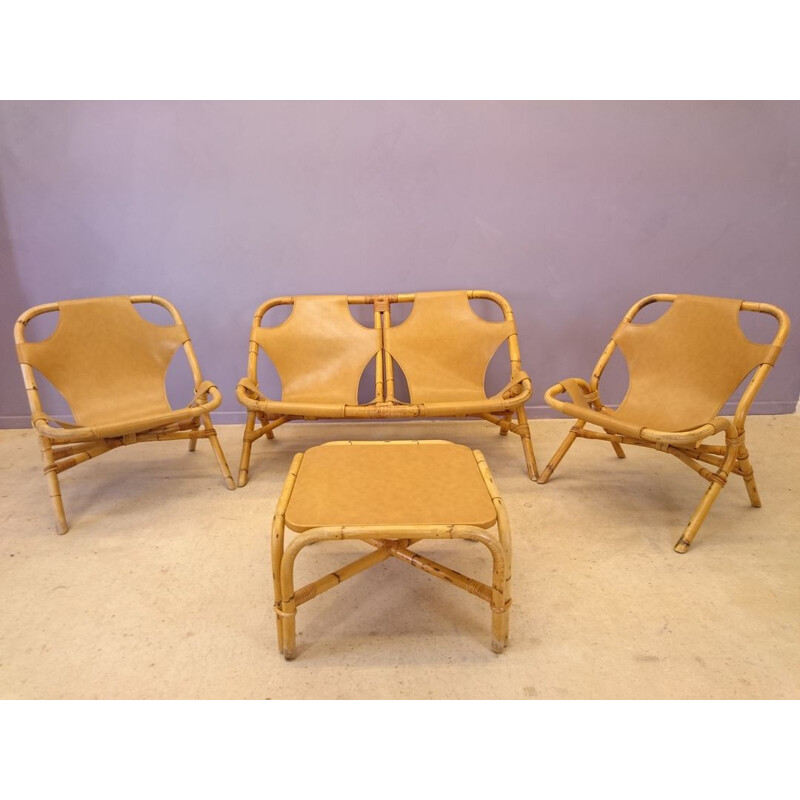 Ensemble de salon canapé, fauteuils et table en simili cuir et rotin - 1970