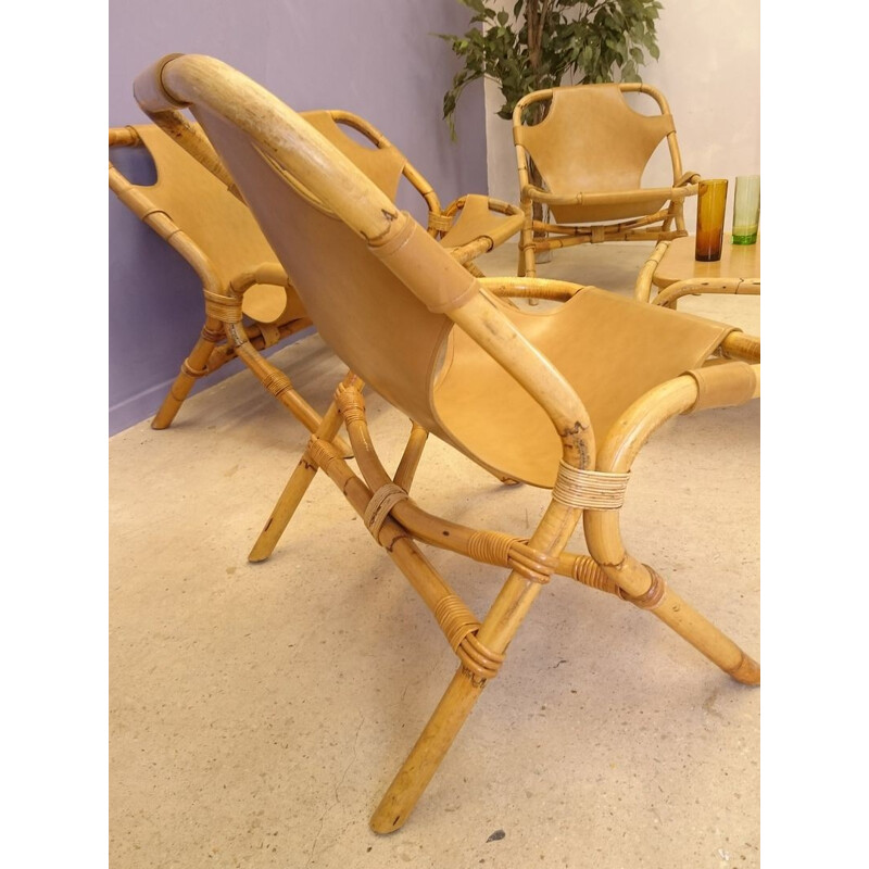 Salon set sofa, armchairs and table in leatherette and wicker- 1970s