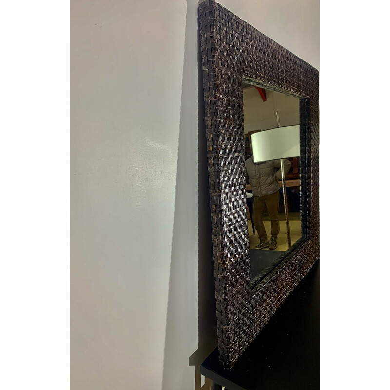 Miroir carré vintage avec encadrement en tressage cuir marron