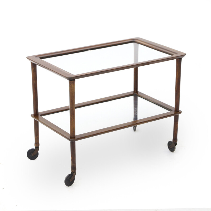 Vintage wooden trolley with glass shelves, 1950s