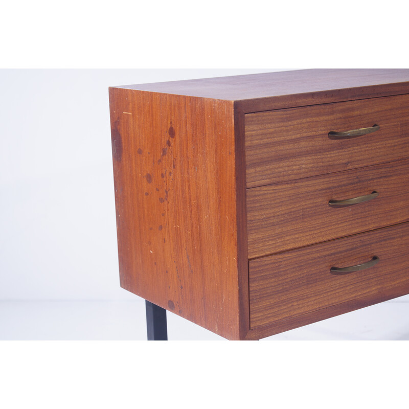 Vintage teak chest of drawers on black metal feet