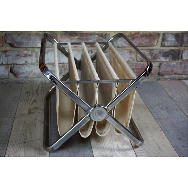 Vintage magazine rack in chromed steel and linen - 1960s