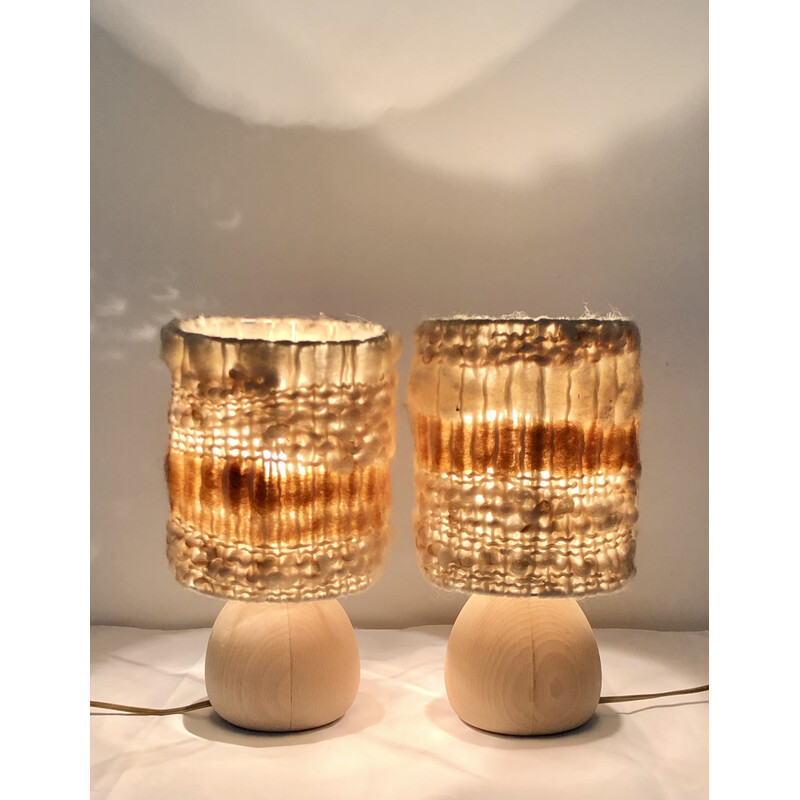 Pair of vintage wood and wool table lamps, France 1960