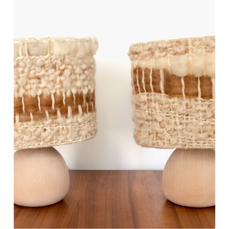 Pair of vintage wood and wool table lamps, France 1960