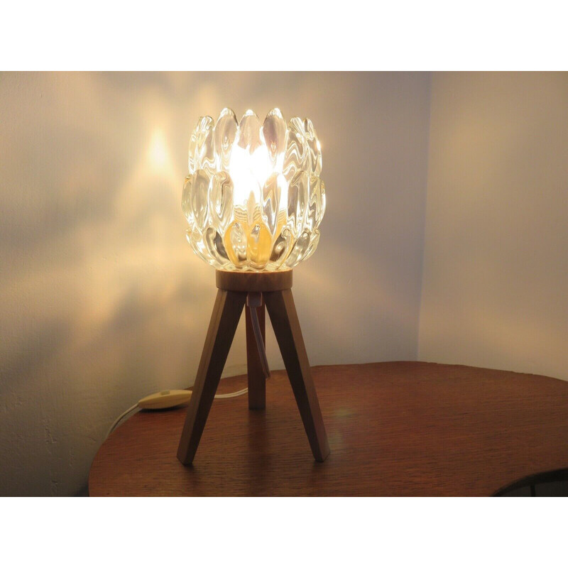 Vintage driepoot lamp in hout en glas van J.T. Kalmar, Oostenrijk 1970