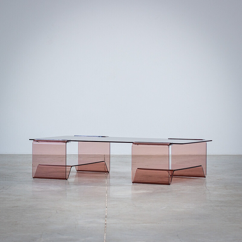 Table basse vintage en bronze et verre fumé par Michel Dumas pour Roche Bobois, 1970