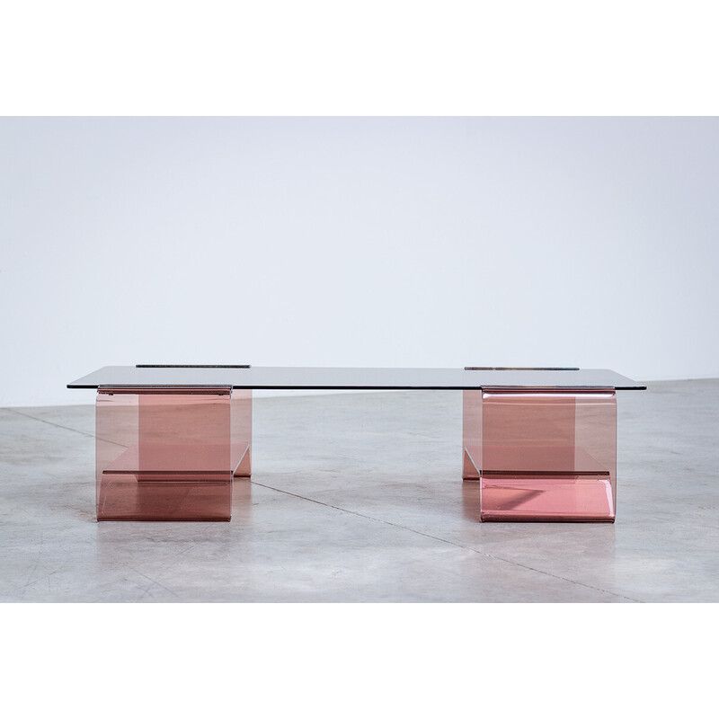 Table basse vintage en bronze et verre fumé par Michel Dumas pour Roche Bobois, 1970