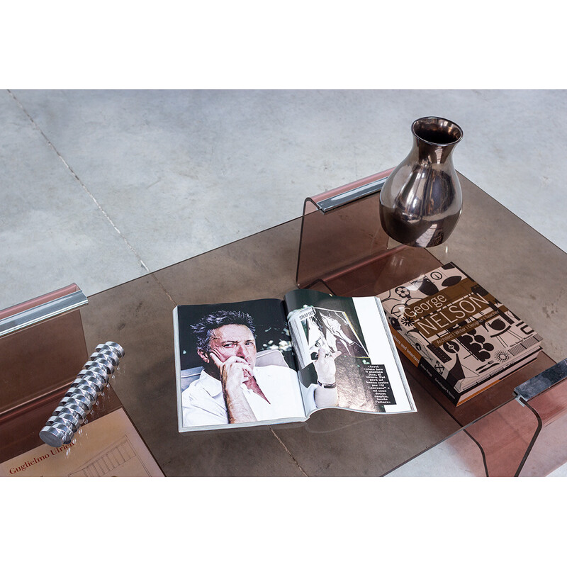 Table basse vintage en bronze et verre fumé par Michel Dumas pour Roche Bobois, 1970