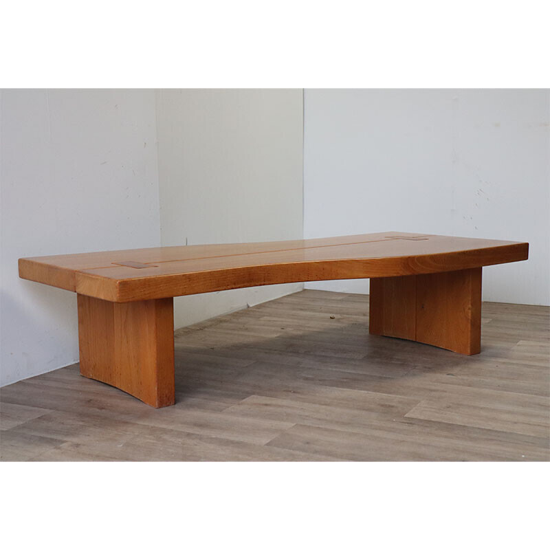 Vintage solid elm coffee table for Maison Regain, 1970s