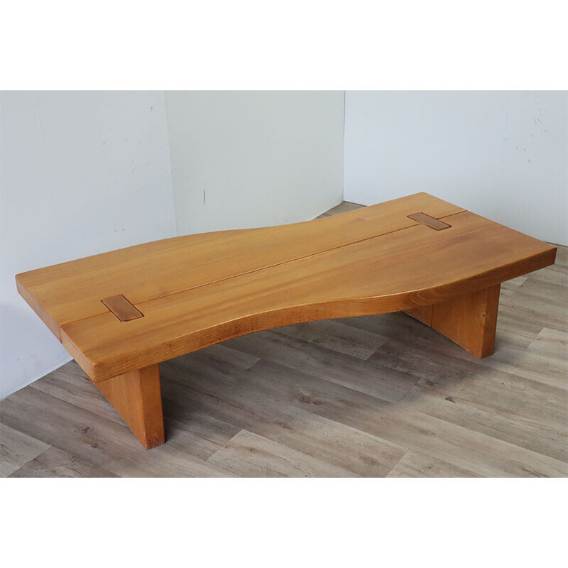 Vintage solid elm coffee table for Maison Regain, 1970s