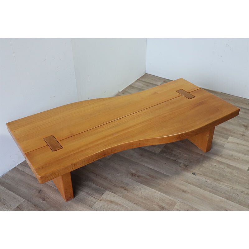 Vintage solid elm coffee table for Maison Regain, 1970s