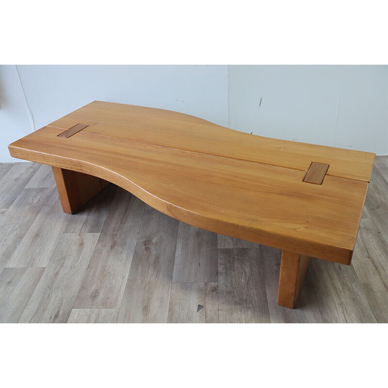 Vintage solid elm coffee table for Maison Regain, 1970s