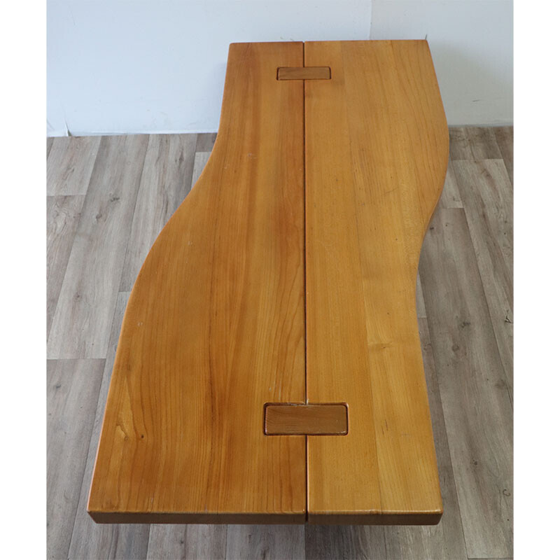 Vintage solid elm coffee table for Maison Regain, 1970s