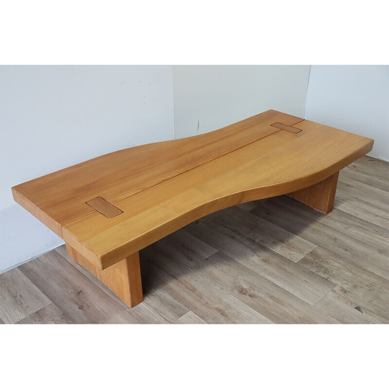 Vintage solid elm coffee table for Maison Regain, 1970s