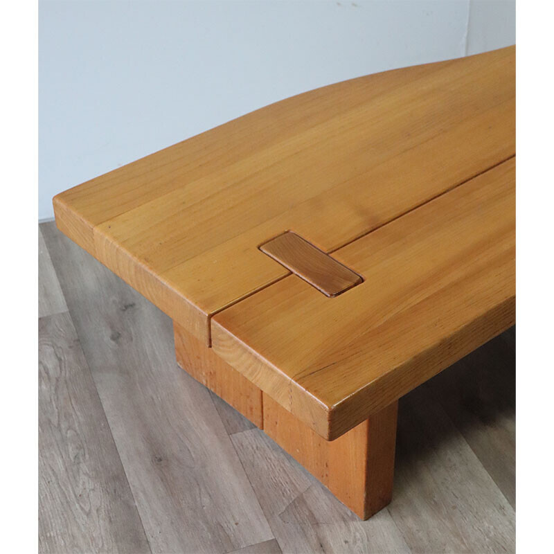 Vintage solid elm coffee table for Maison Regain, 1970s