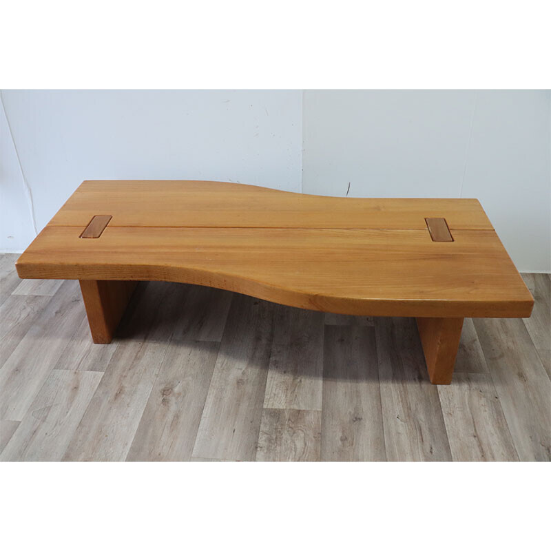 Vintage solid elm coffee table for Maison Regain, 1970s