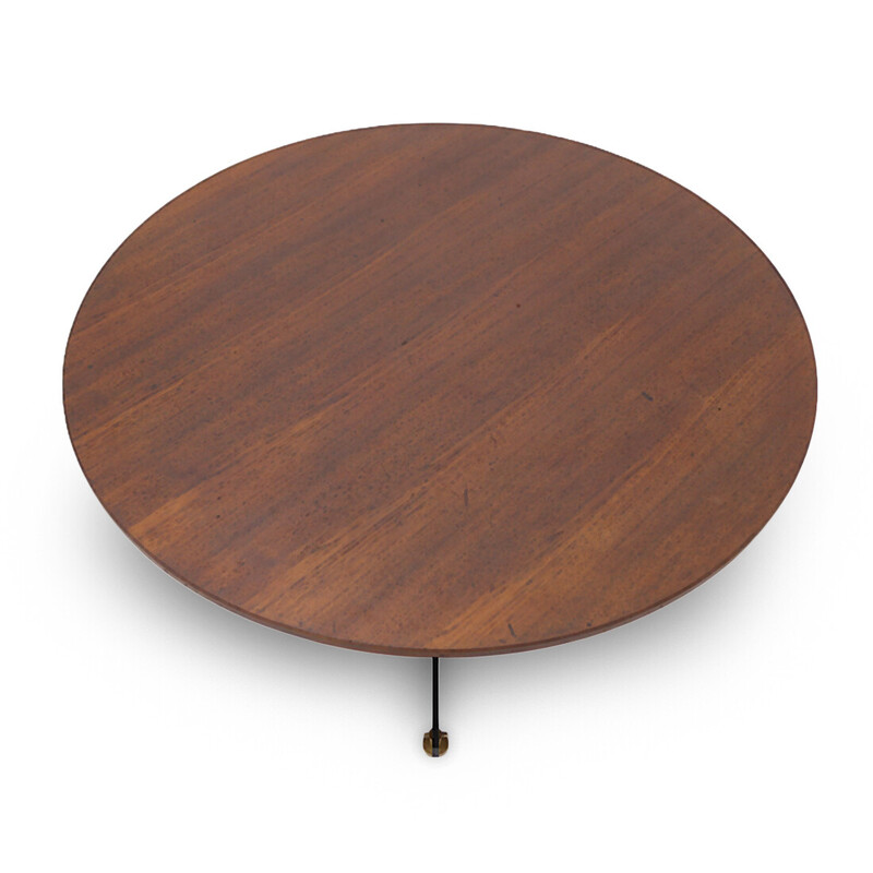 Table vintage avec plateau circulaire en bois, métal et laiton, Italie 1950