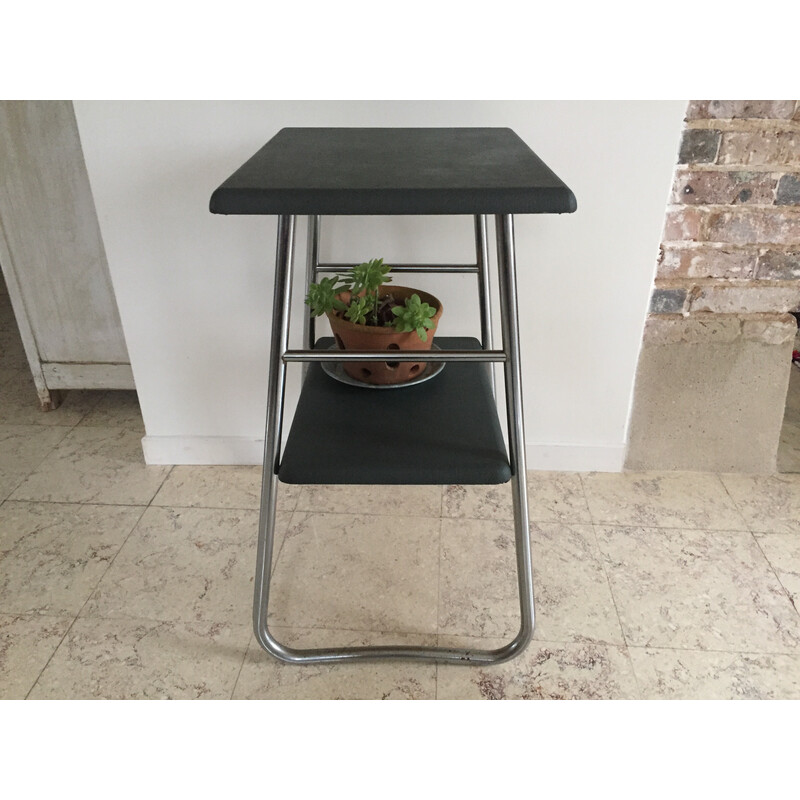 Vintage side table in chromed steel and wood