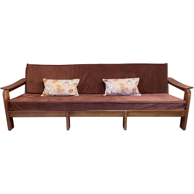 Scandinavian vintage 3 seater sofa in teak and velvet, 1950