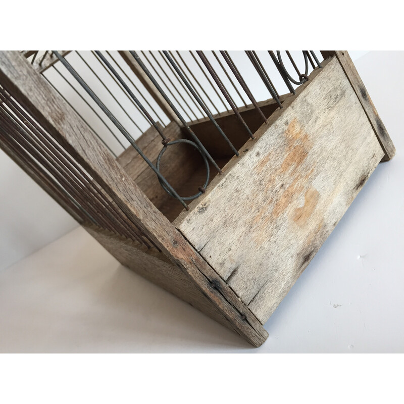Gabbia per uccelli vintage in legno e acciaio