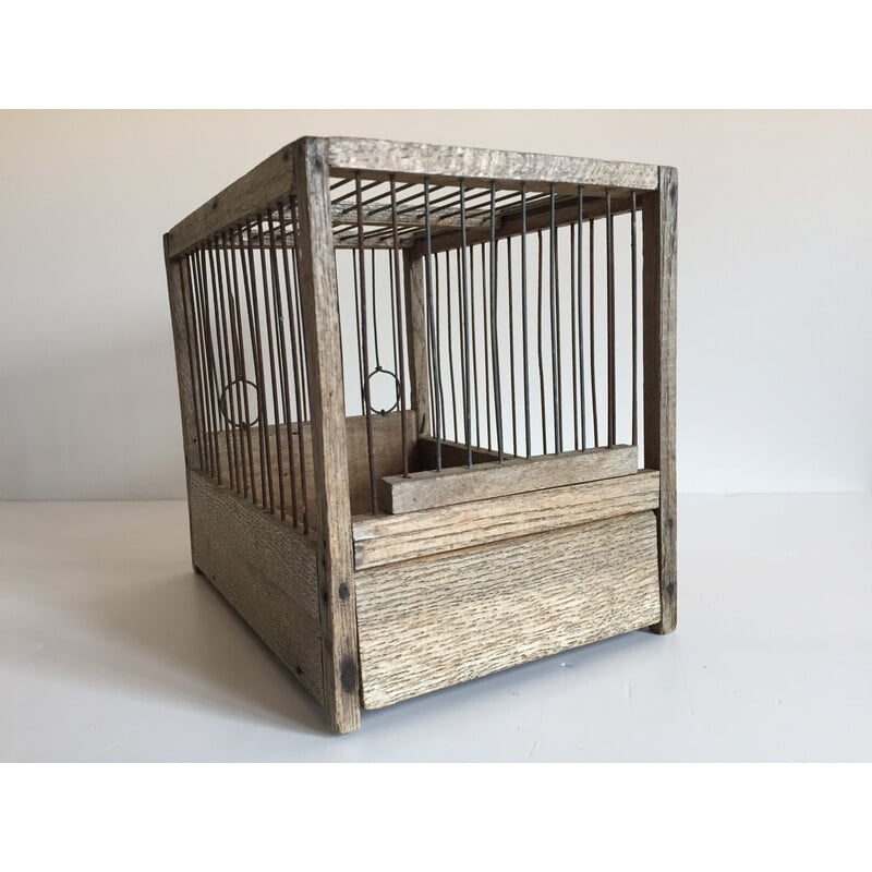 Vintage-Vogelkäfig aus Holz und Stahl