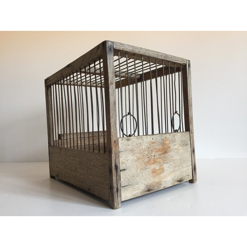 Cage à oiseaux vintage en bois et acier