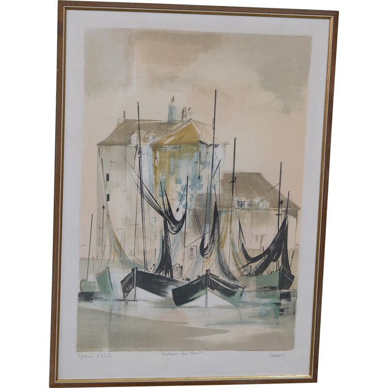 Vintage boats lithograph by Claude Casati, 1980s