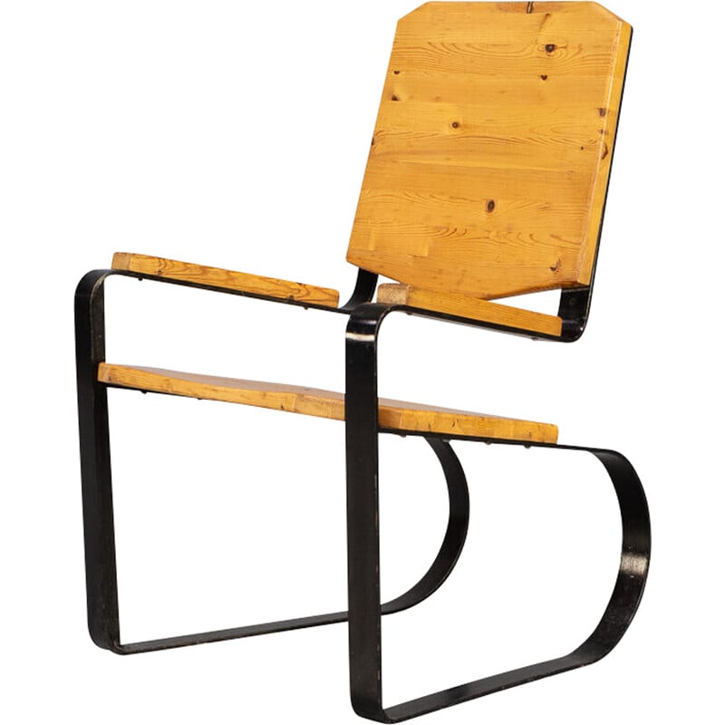 Vintage metal cantilever armchair with pine seat, 1960s