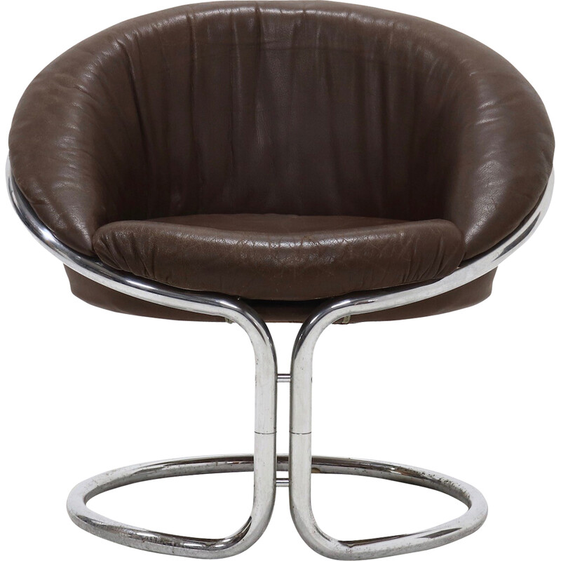 Vintage Italian chromed tubular steel and leather cantilever armchair, 1970s