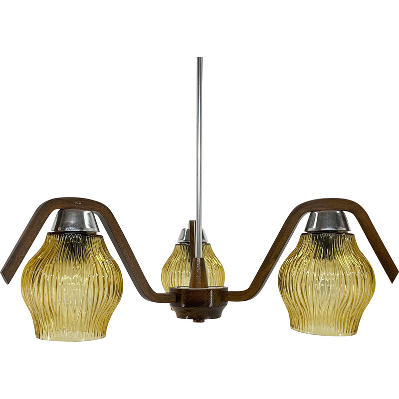 Mid-century wood and glass chandelier by Dřevo Humpolec, Czechoslovakia 1960s