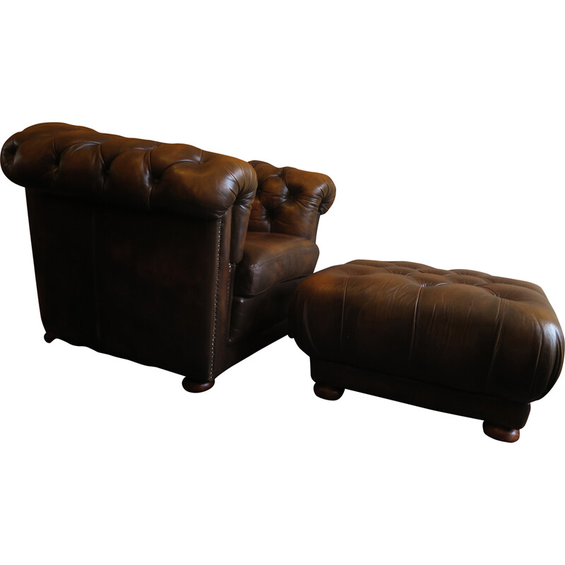Vintage Chesterfield club armchair and ottoman in chestnut-coloured leather