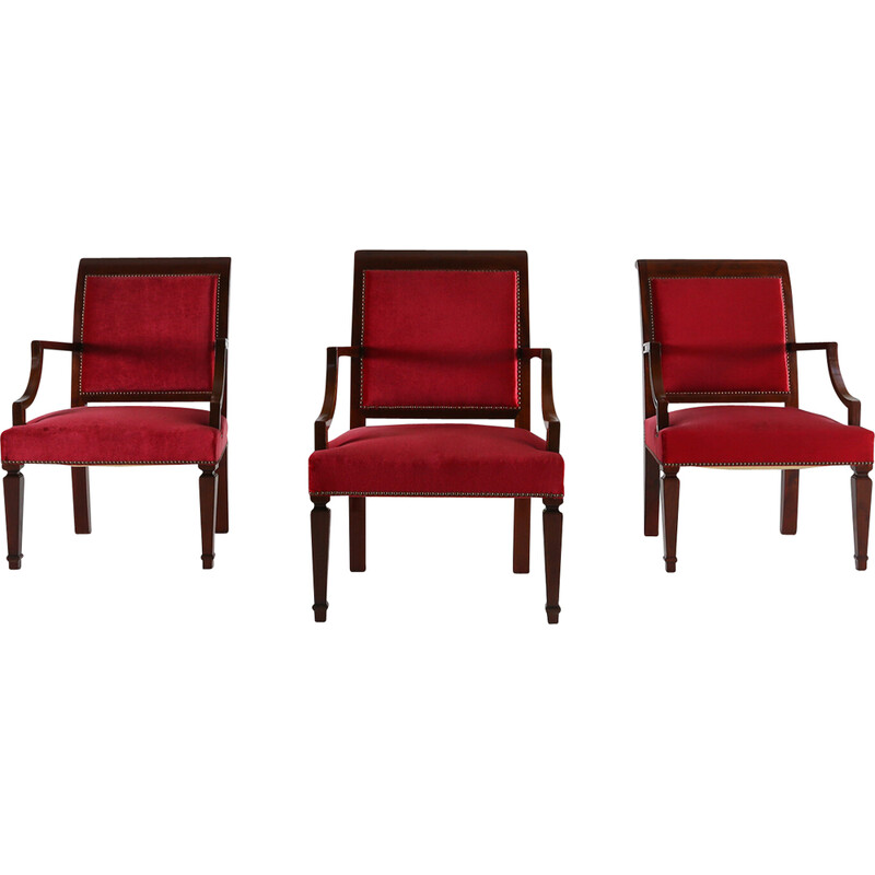 Vintage-Sessel aus Holz und rotem Stoff, 1950er Jahre