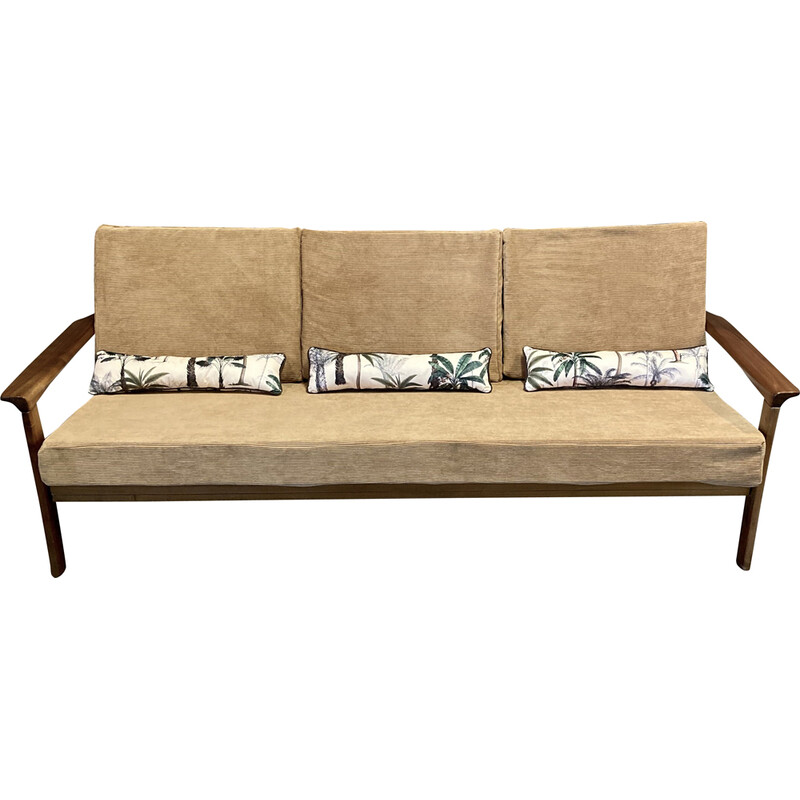 Scandinavian 3 seater teak and velvet sofa, 1950