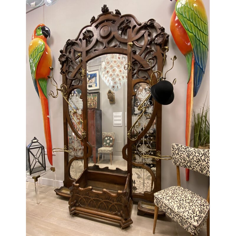 Vintage French Art Nouveau mirror with coat rack and umbrella stand, France