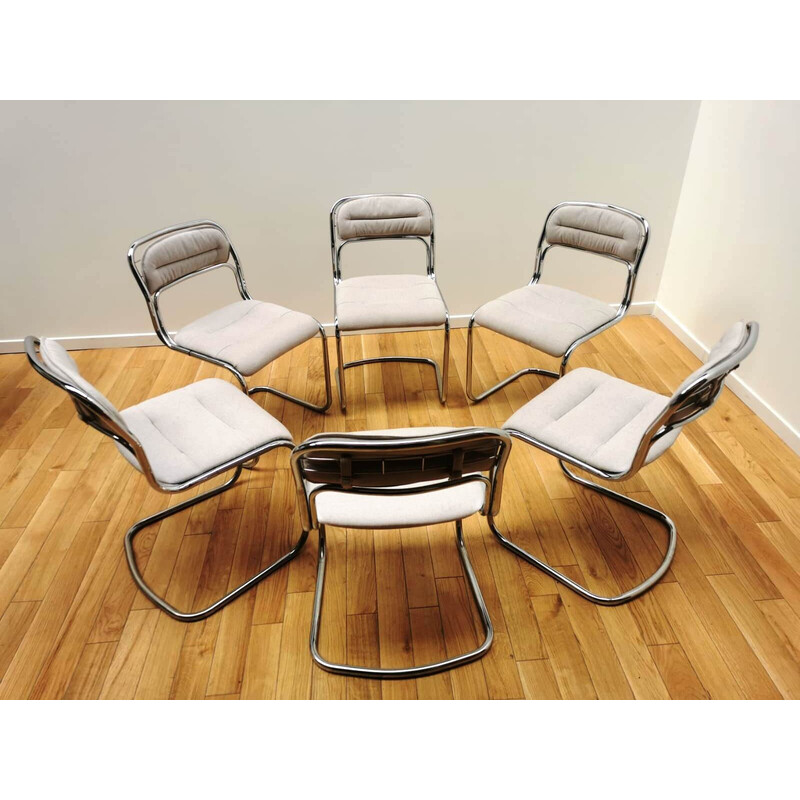 Set of 6 vintage chrome aluminum and fabric chairs, 1970