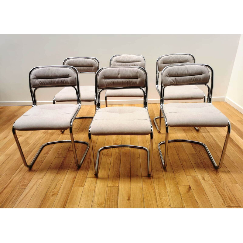 Set of 6 vintage chrome aluminum and fabric chairs, 1970