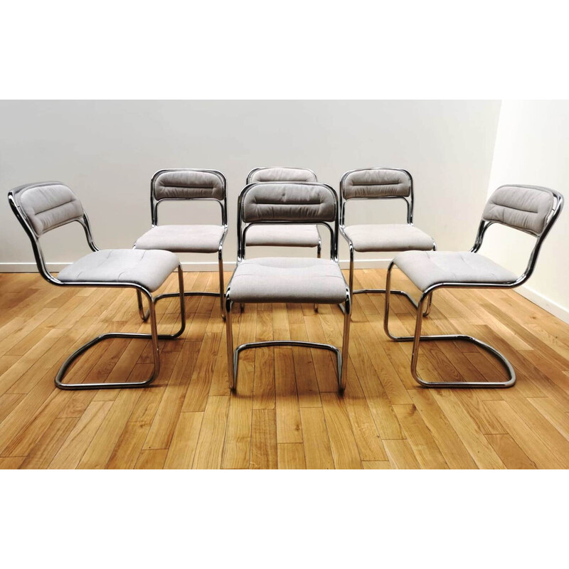 Lot de 6 chaises vintage en aluminium chromé et tissu, 1970