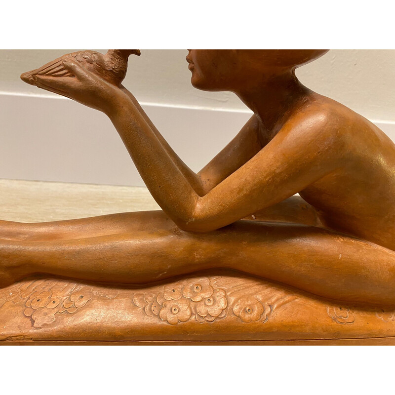 Figurine de fille vintage Art déco en terre cuite par Charles Peyre, France