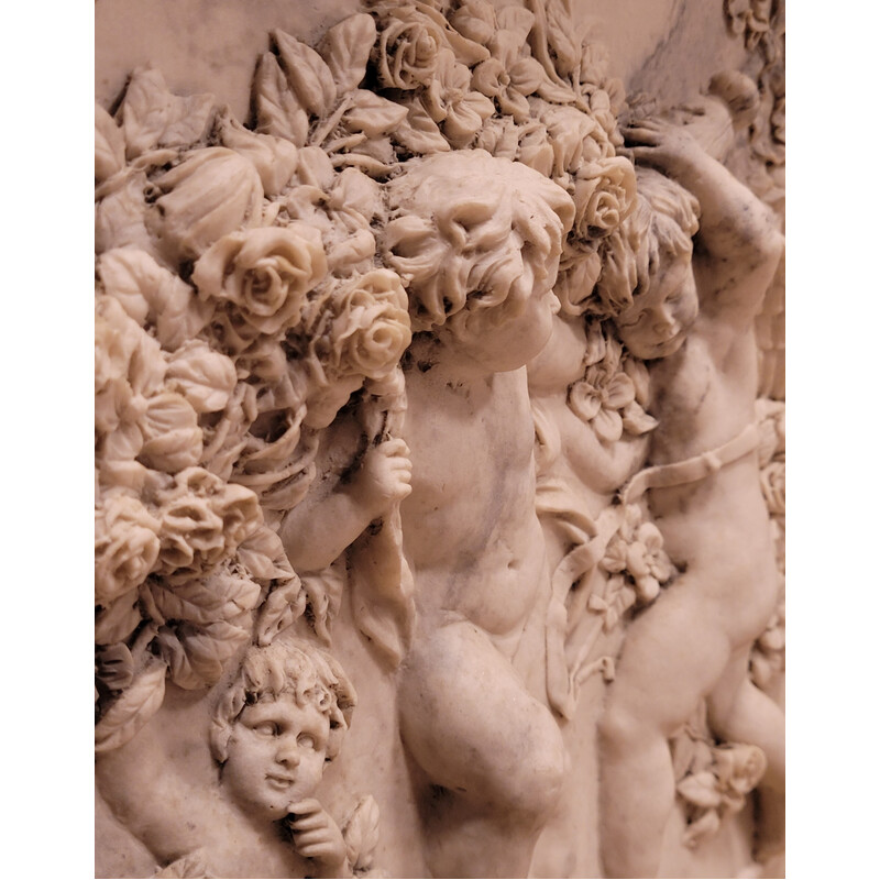 Vintage marble relief "Putti, garlands and flowers" by François Duquesnoy, France 1892