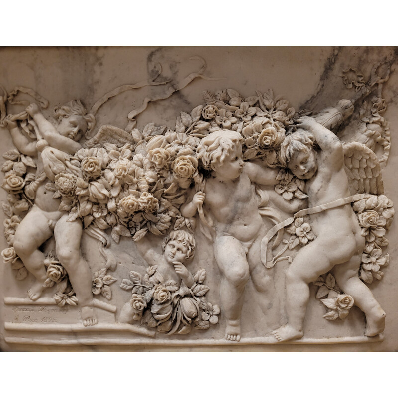 Vintage Marmor Relief "Putti, Girlanden und Blumen" von François Duquesnoy, Frankreich 1892