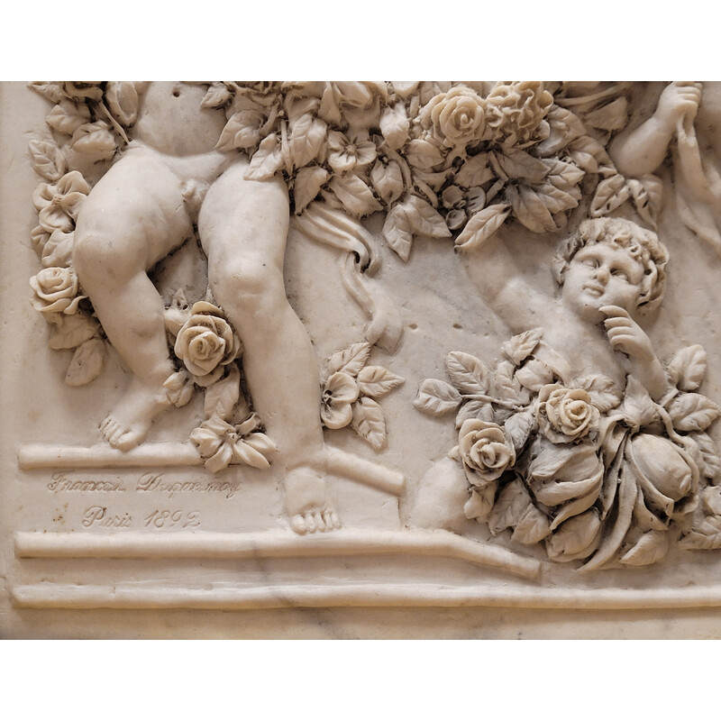 Relief vintage en marbre "Putti, guirlandes et fleurs" de François Duquesnoy, France 1892