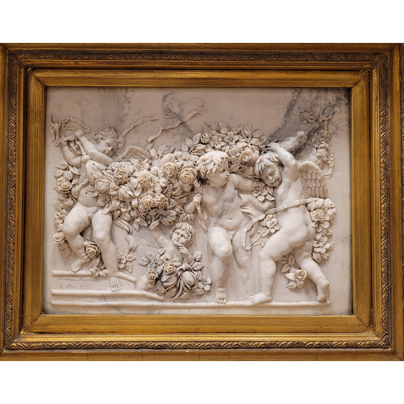 Relieve vintage en mármol "Putti, guirnaldas y flores" de François Duquesnoy, Francia 1892